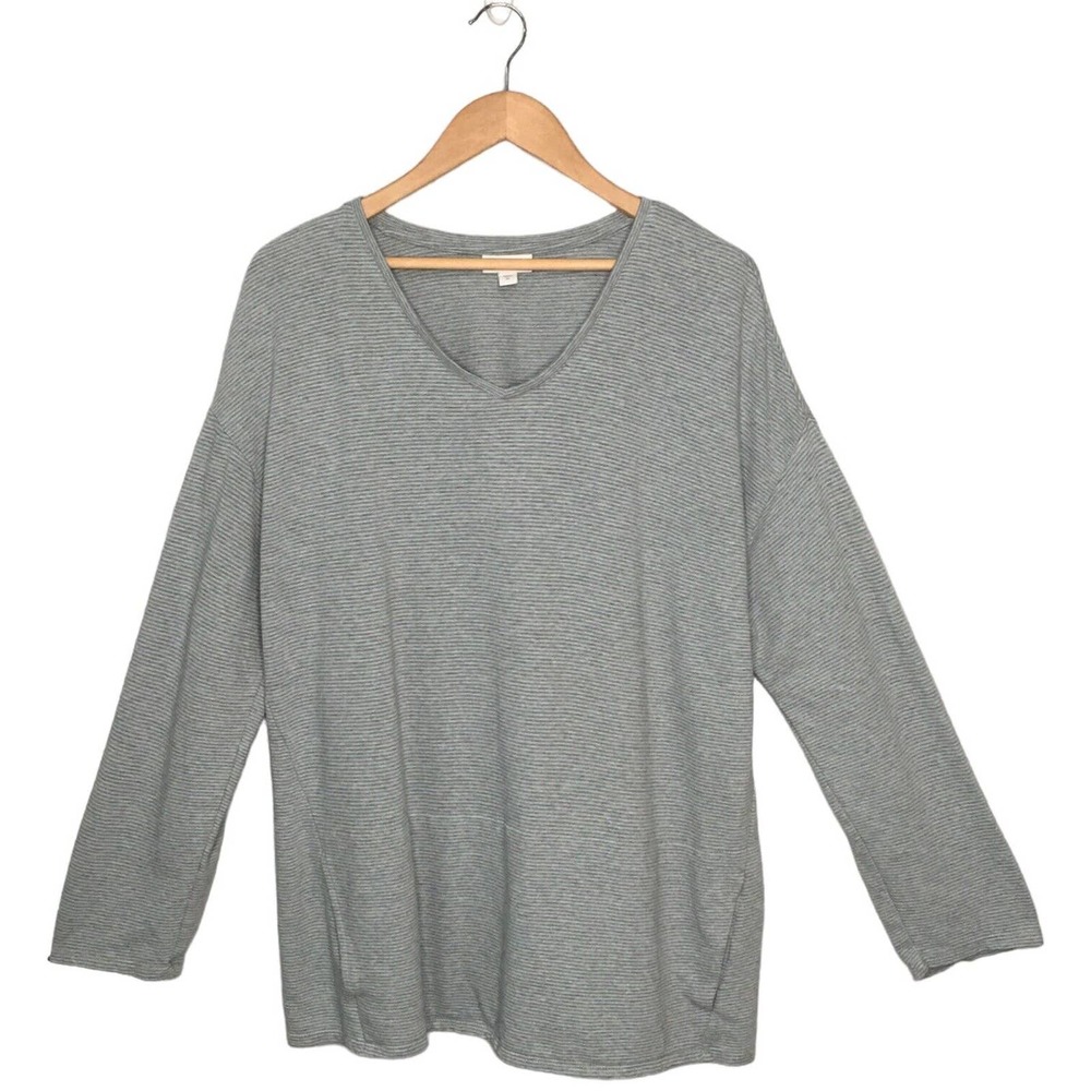 Pure Jill J Jill Striped Long Sleeve V Neck Pockets Cotton Tunic Gray Blue XL